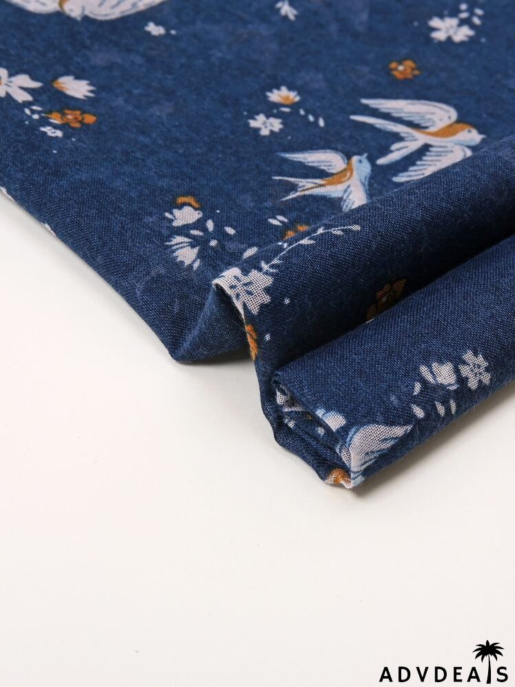 Bird & Floral Print Tassel Trim Scarf