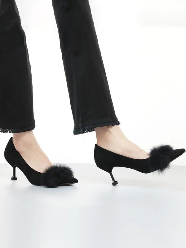 Fashionable rabbit fur suede stiletto heel sexy pointed kitten high heels