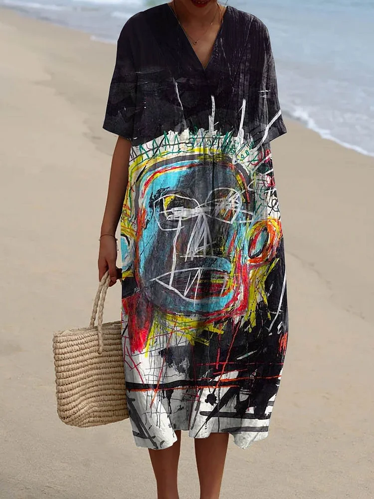 Women's Vintage Abstract Figure Pattern Art Print Flowy Dress