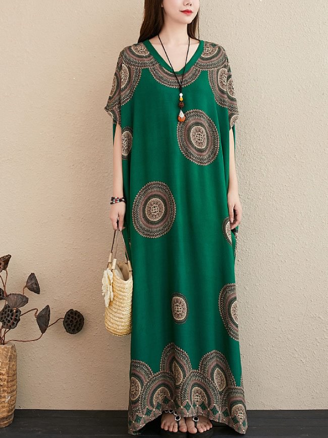 Green v neck printed loose maxi dress