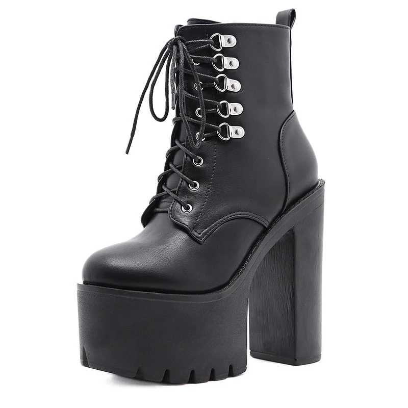 Gdgydh Ultra High Heels Women Motorcycle Boots Gothic Style Sexy Rivet Black Soft Leather Plaform Chunky Heel Punk Knight Boots