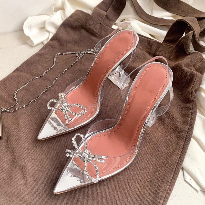2021 Summer New Bow Sandals Women's Crystal Transparent Rhinestone High Heels Stiletto Heel