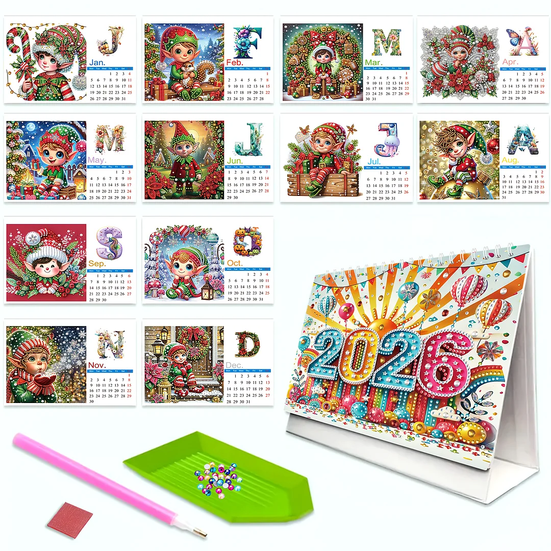 2026 Calendar Diamond Painting Kit Christmas Elf DIY Diamond Art Desk Calendar
