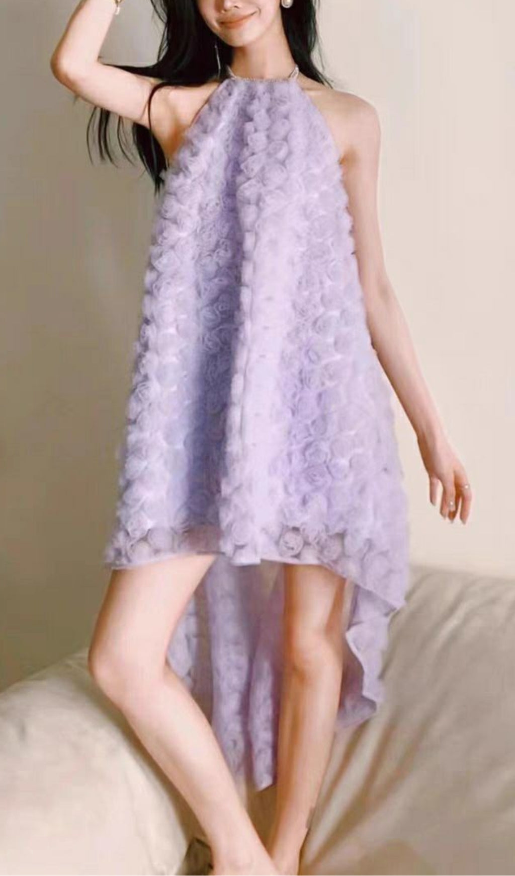 3D Purple Rose Halter Neck Backless Midi Dress Flowering Girl
