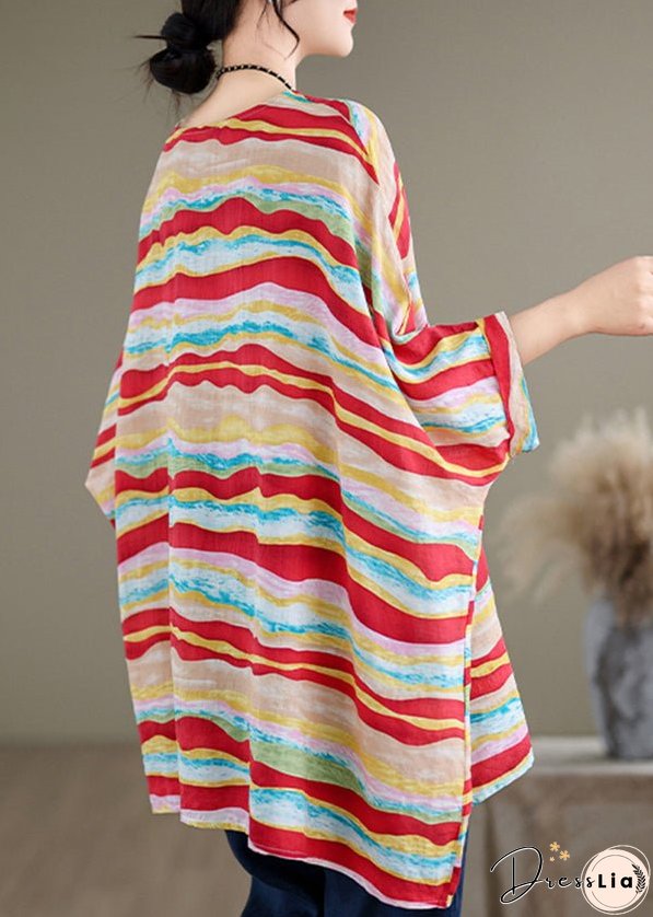 Women Red O Neck Striped Plus Size Cotton Blouse Tops Batwing Sleeve