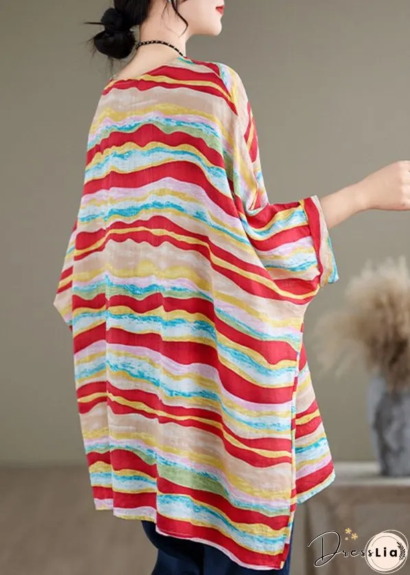 Women Red O Neck Striped Plus Size Cotton Blouse Tops Batwing Sleeve