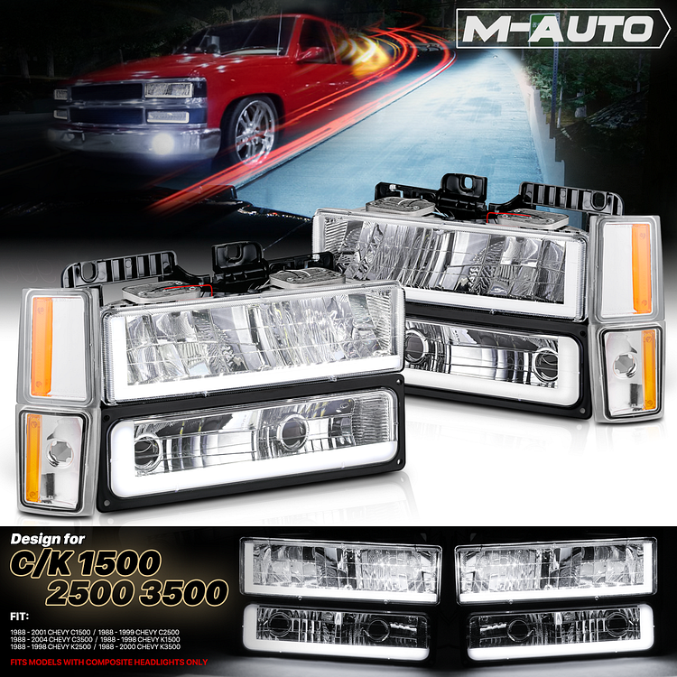 8pcs Headlight w/LED DRL Strip (Chrome)<br>88-93 Chevy C/K C10 Pickup, Suburban