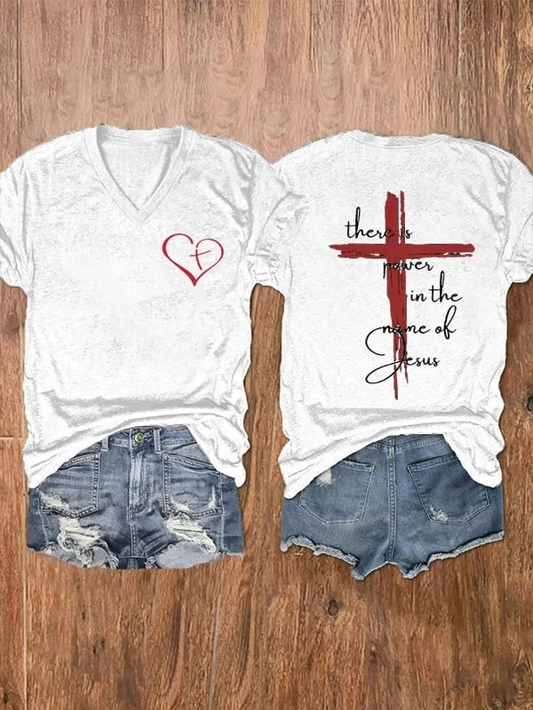 Women's There Is Power In The Name Of Jesus Faith Cross Print V-Neck T-Shirt