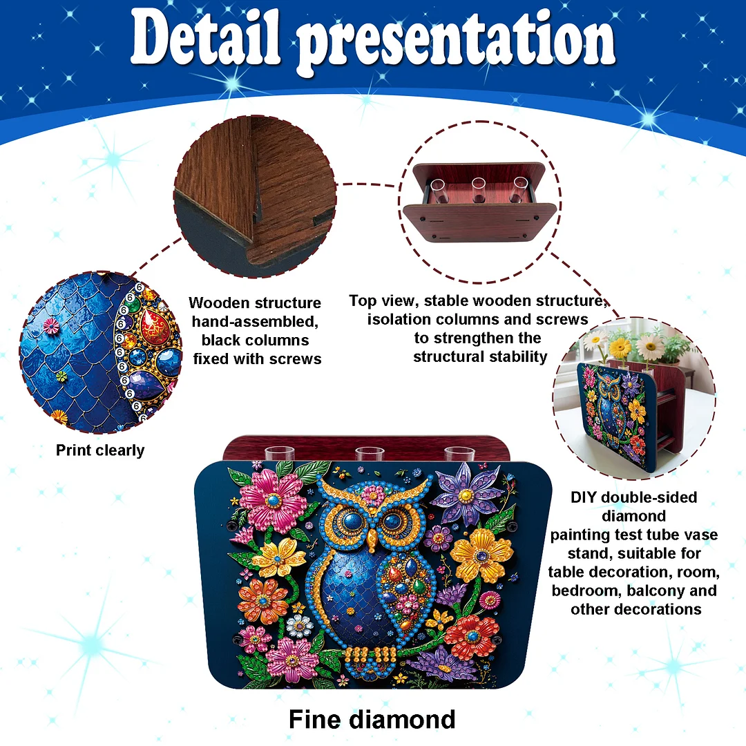 Gem Owl DIY Diamond Painting Wooden Tube Vase for Adults Gift Idea Home Decor
