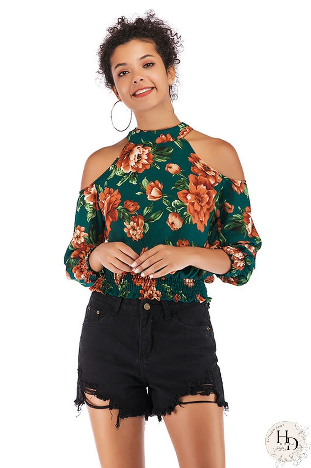 Floral Print Off-the-shoulder Shirred Blouse