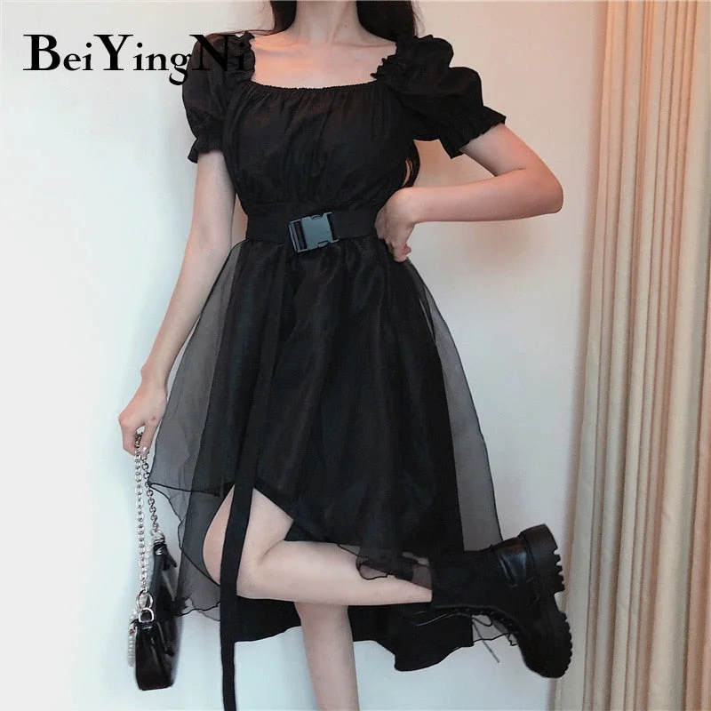 Beiyingni Women's Vintage Plus Size Dress Short Sleeve Irregular Black French Tutu Dresses Belted Casual Midi Party Vestidos 4XL