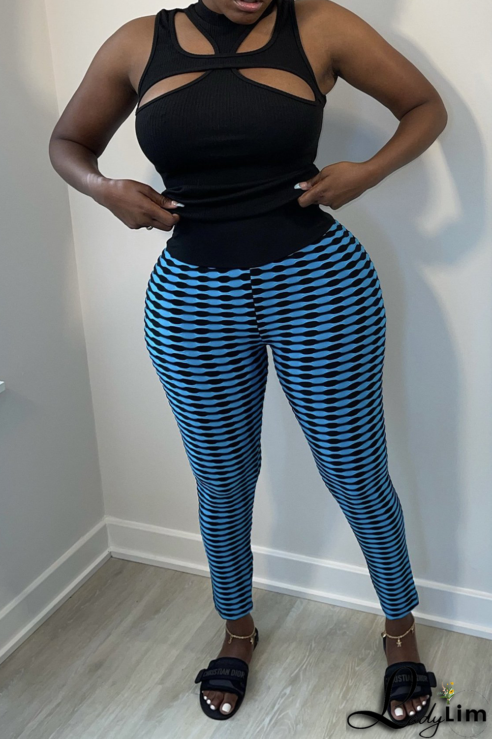 Blue Sexy Print Fold Skinny High Waist Pencil Full Print Bottoms