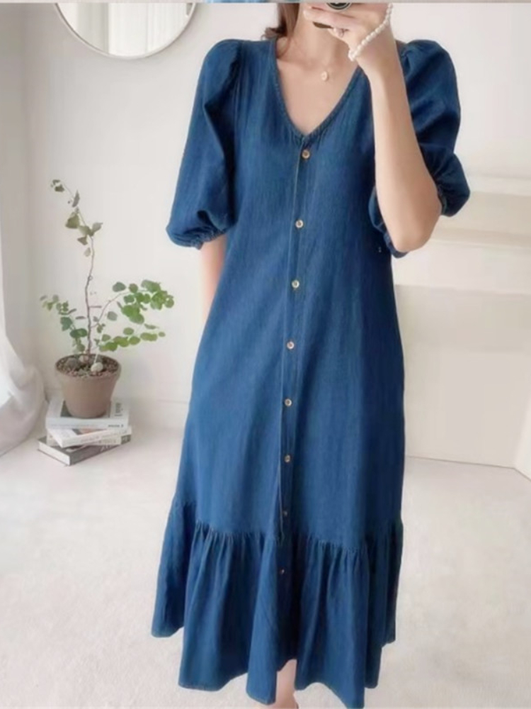 Vintage Ladies V Neck Slim Single Breasted Puff Sleeve Mermaid  Casual Dress