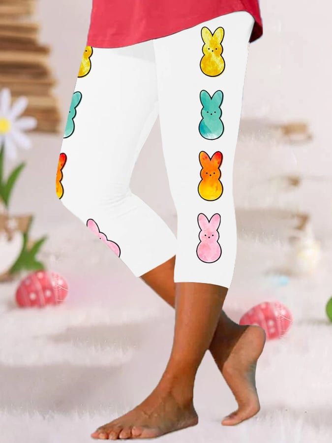 Women's Easter Cute Colorful Peeps Print Cropped Leggings