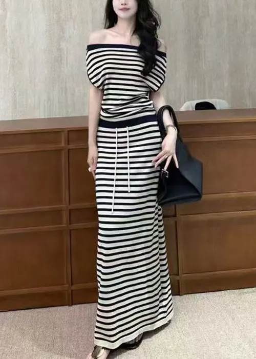 French Black Striped Elastic Waist Knitting Cotton Two Piece Set Summer