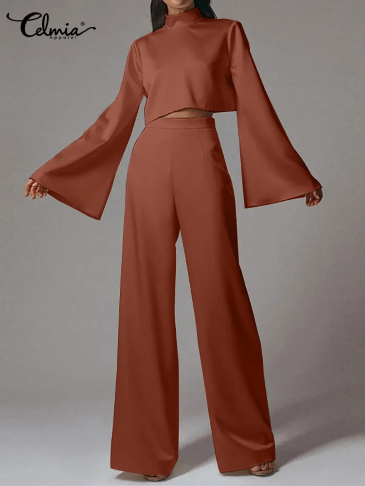 Celmia Women Solid 2 Pieces Sets Casual Satin Silk Suits Vintage Flare Long Sleeve Crop Tops Blouses and Wide Leg Long Pant Sets