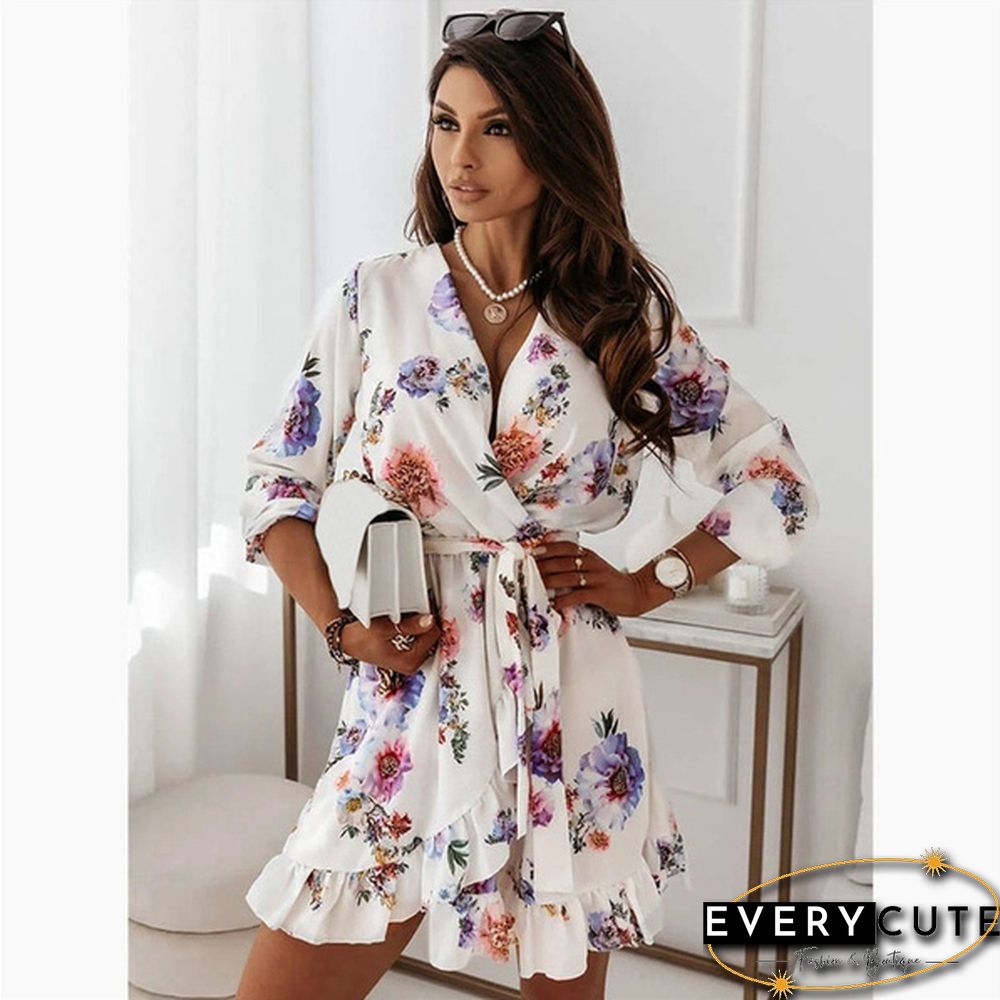 Fall Fashion Floral Print V-neck Long Sleeve Slim Mini Dress Ladies Elegant Vestidos
