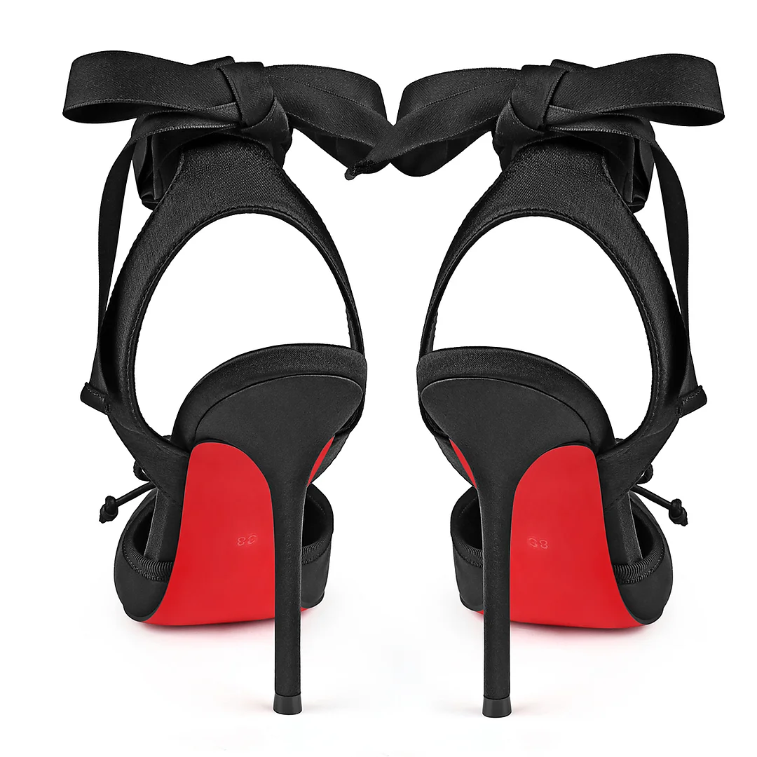 100mm women's red bottom satin ribbon lace-up square toe party wedding shoes-MERUMOTE