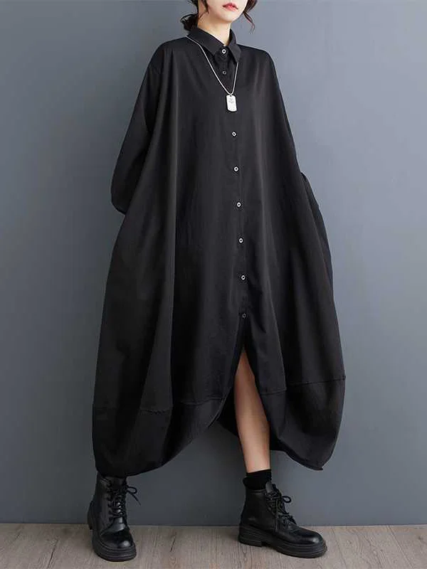 Buttoned Pockets Solid Color Split-Joint A-Line Long Sleeves Lapel Shirt Dress Midi Dresses