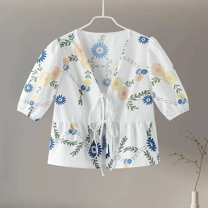 Huiketi Print Bow Lace Up Women Blouses Loose V-neck Short Puff Sleeve Female Shirts 2024 Spring Summer Casual Lady Flower Tops