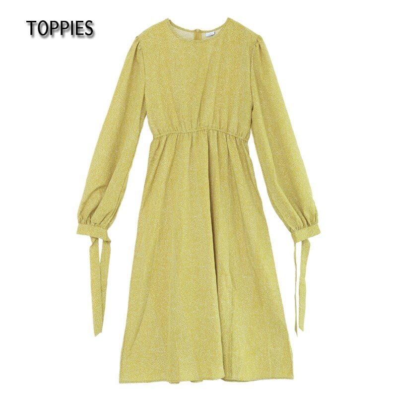 Toppies 2021 Women Dress Casual Polka Dot Print  Long Sleeve Mid Dress Vintage O Neck A-Line Party Vestidos
