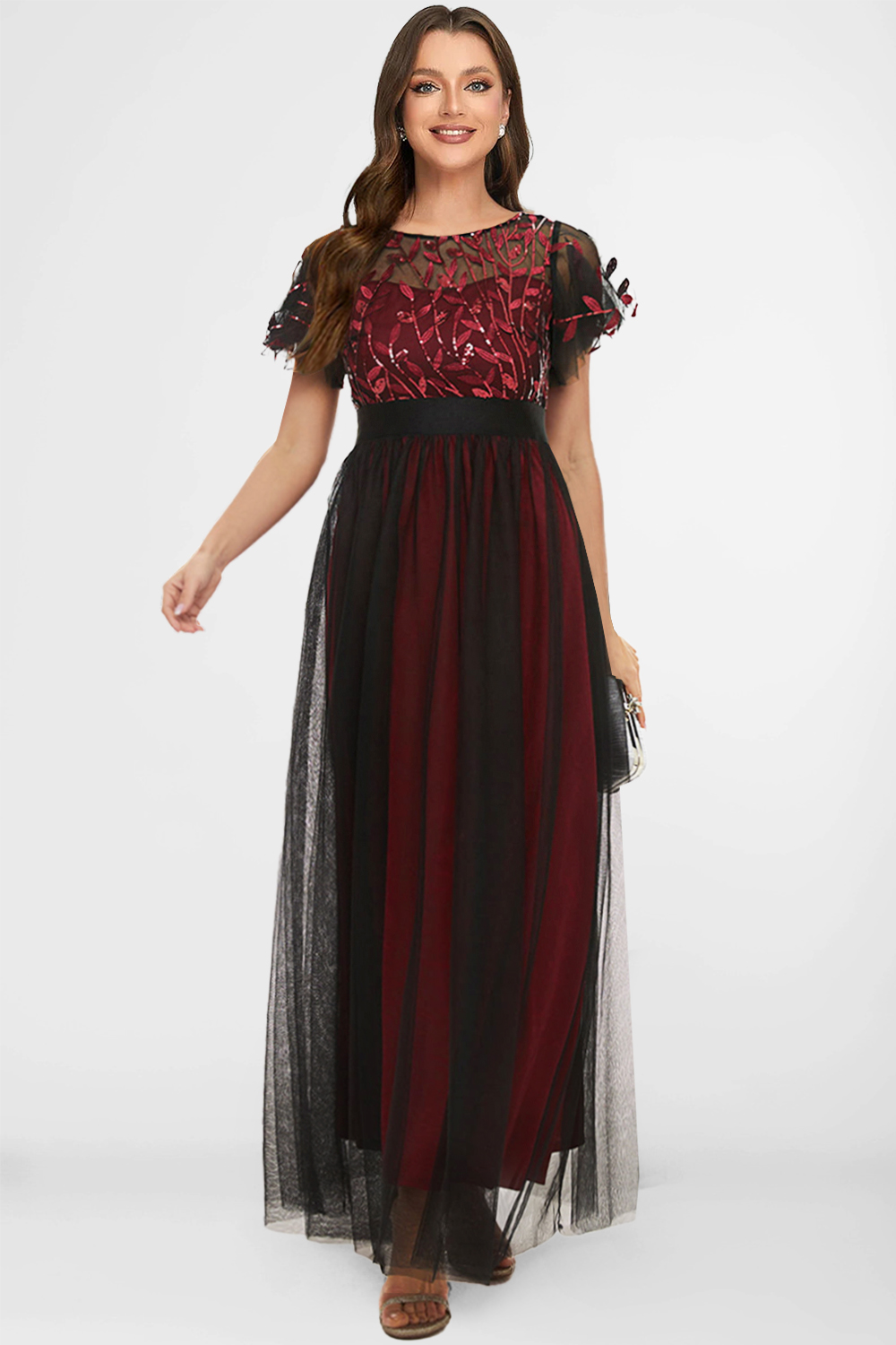 Plus Size Mother Of The Bride Black Sparkly Mesh Sequin Embroidery Empire Waist Tunic Maxi Dress 2024 - Flycurvy 