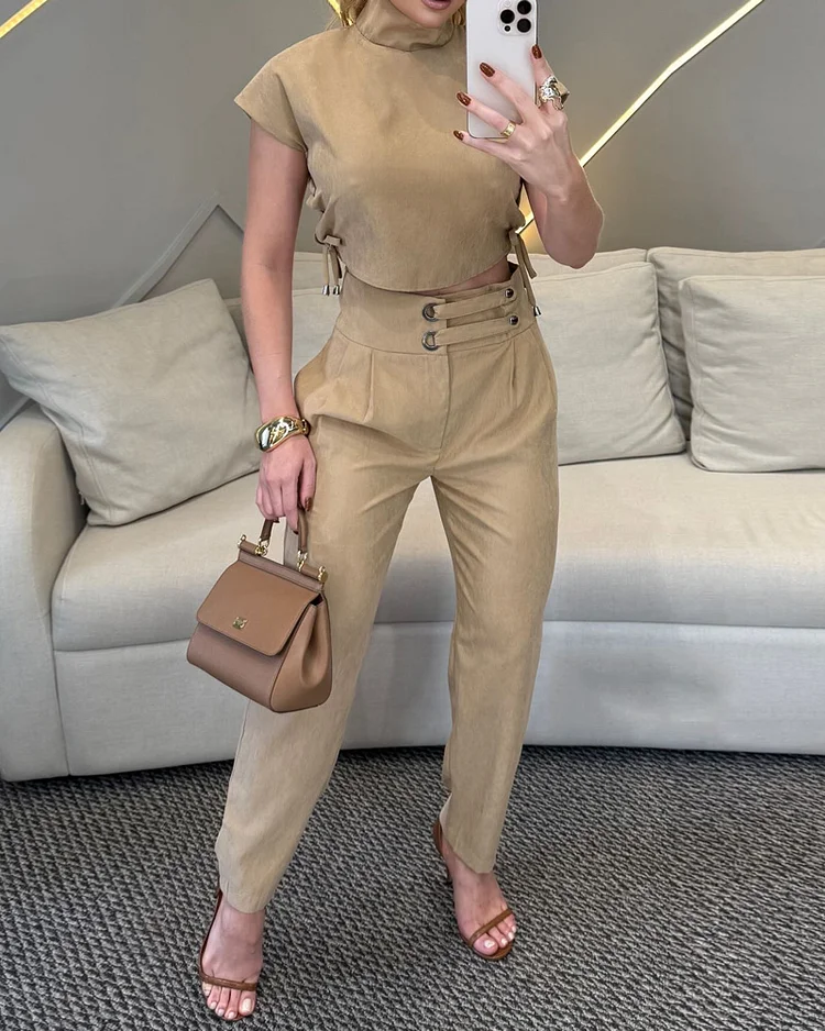 High collar tie sleeveless solid color two piece suit