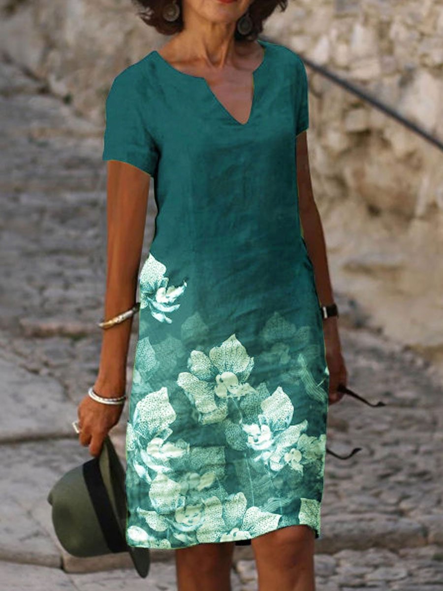 V-neck Floral Print Loose Casual Short-sleeved Shift Dress