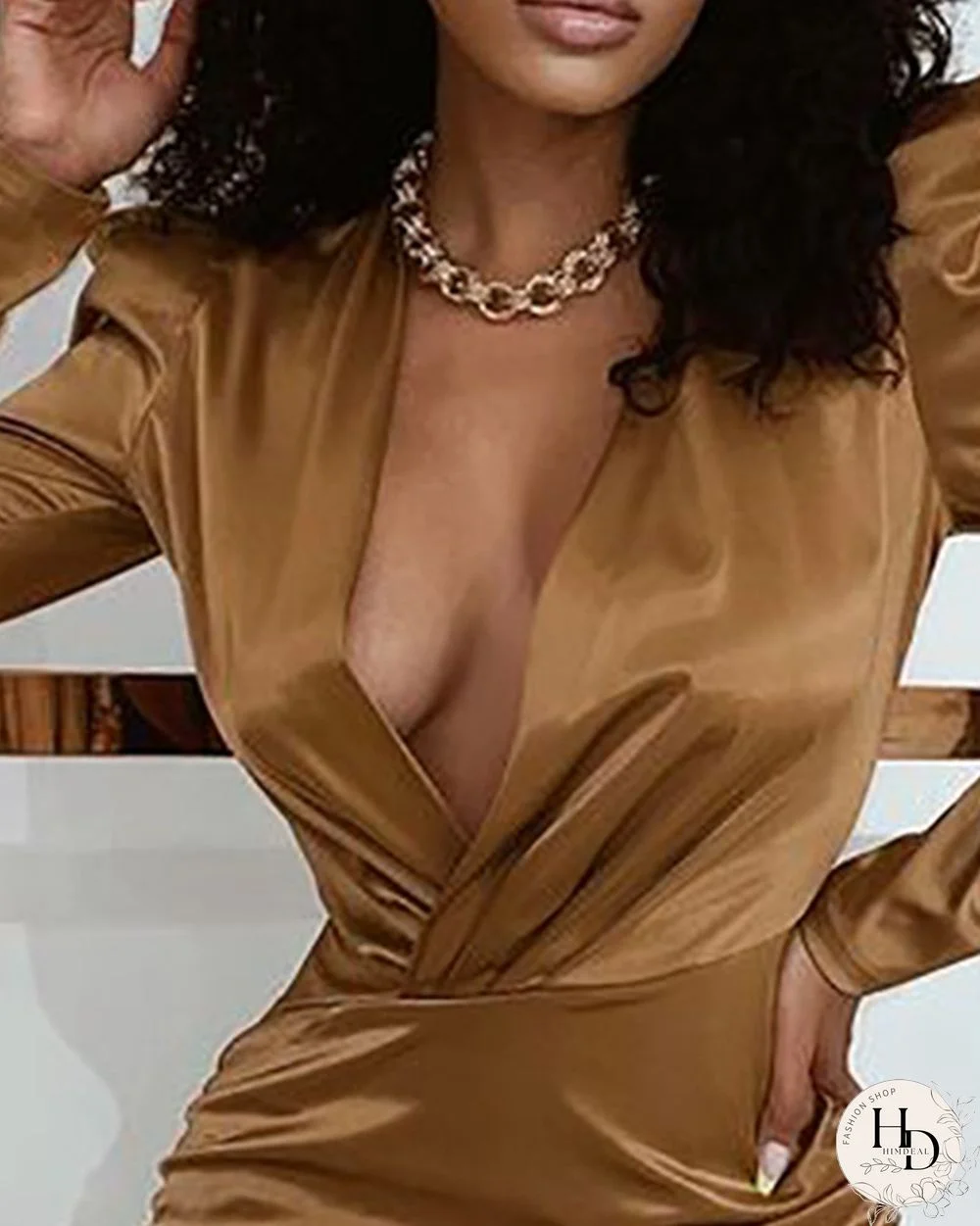 Long Sleeve Ruched Asymmetrical Satin Dress