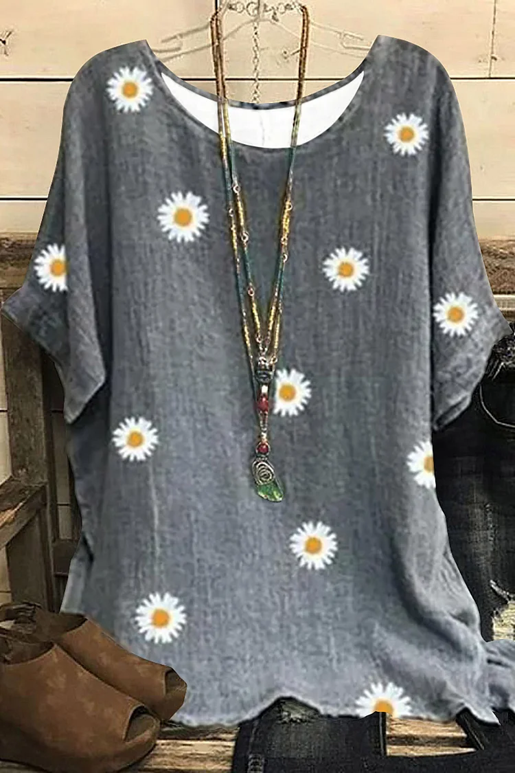 Flycurvy Plus Size Casual Grey Cotton And Linen Daisy Print Blouse  Flycurvy [product_label]