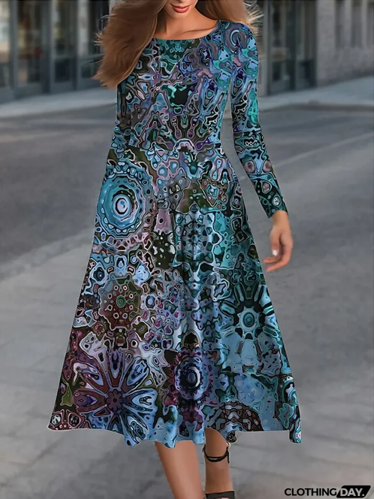 Women's Casual Dress Winter Dress Floral Print Pocket Crew Neck Midi Dress Vintage Outdoor Daily Long Sleeve Regular Fit Blue Orange Green Fall Winter S M L XL 2XL