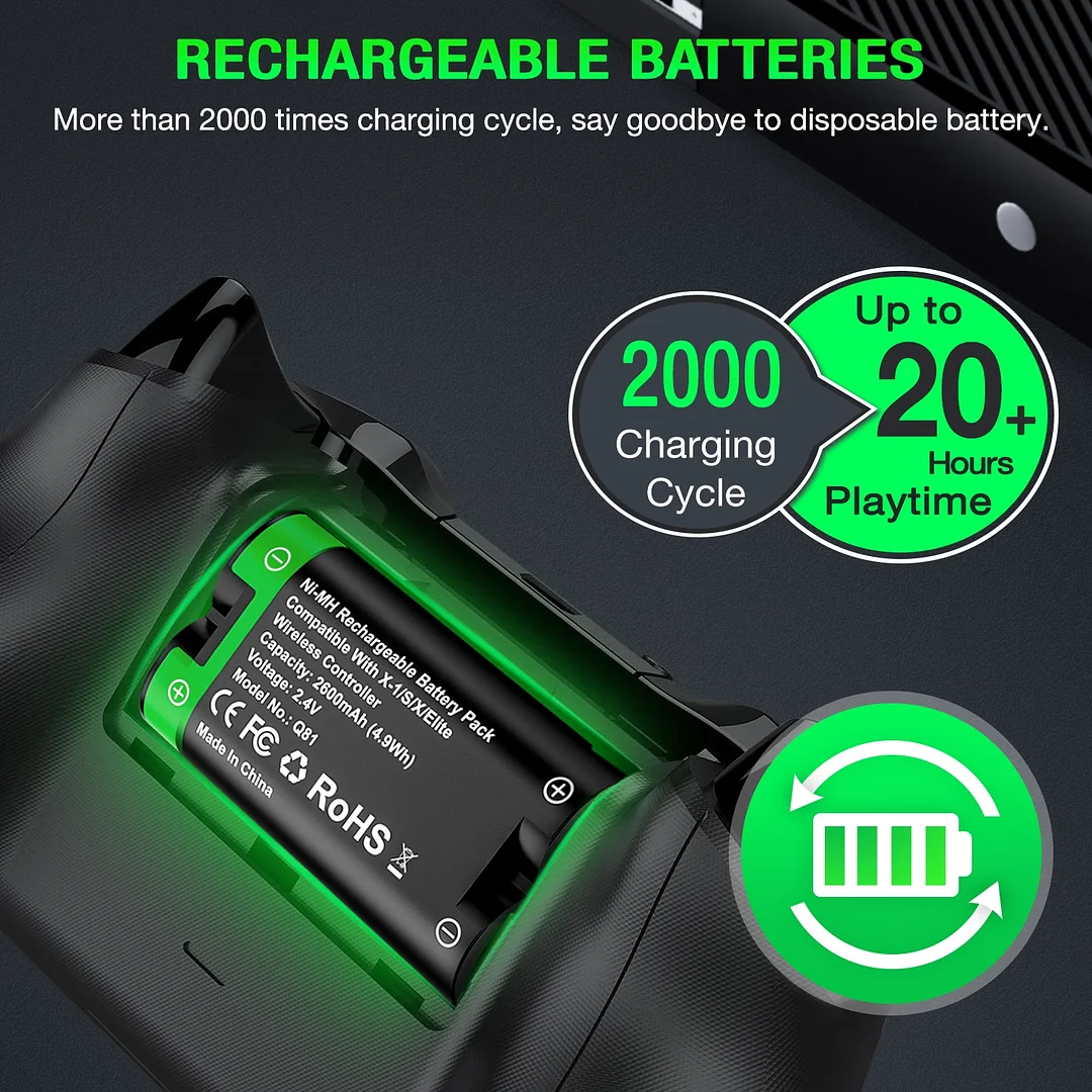 Dinofire 2 x2600mAh Rechargeable Battery Pack For Xbox Series X/S/Xbox One S/X Controlle Battery For Xbox One + USB Quick Battery Charger
