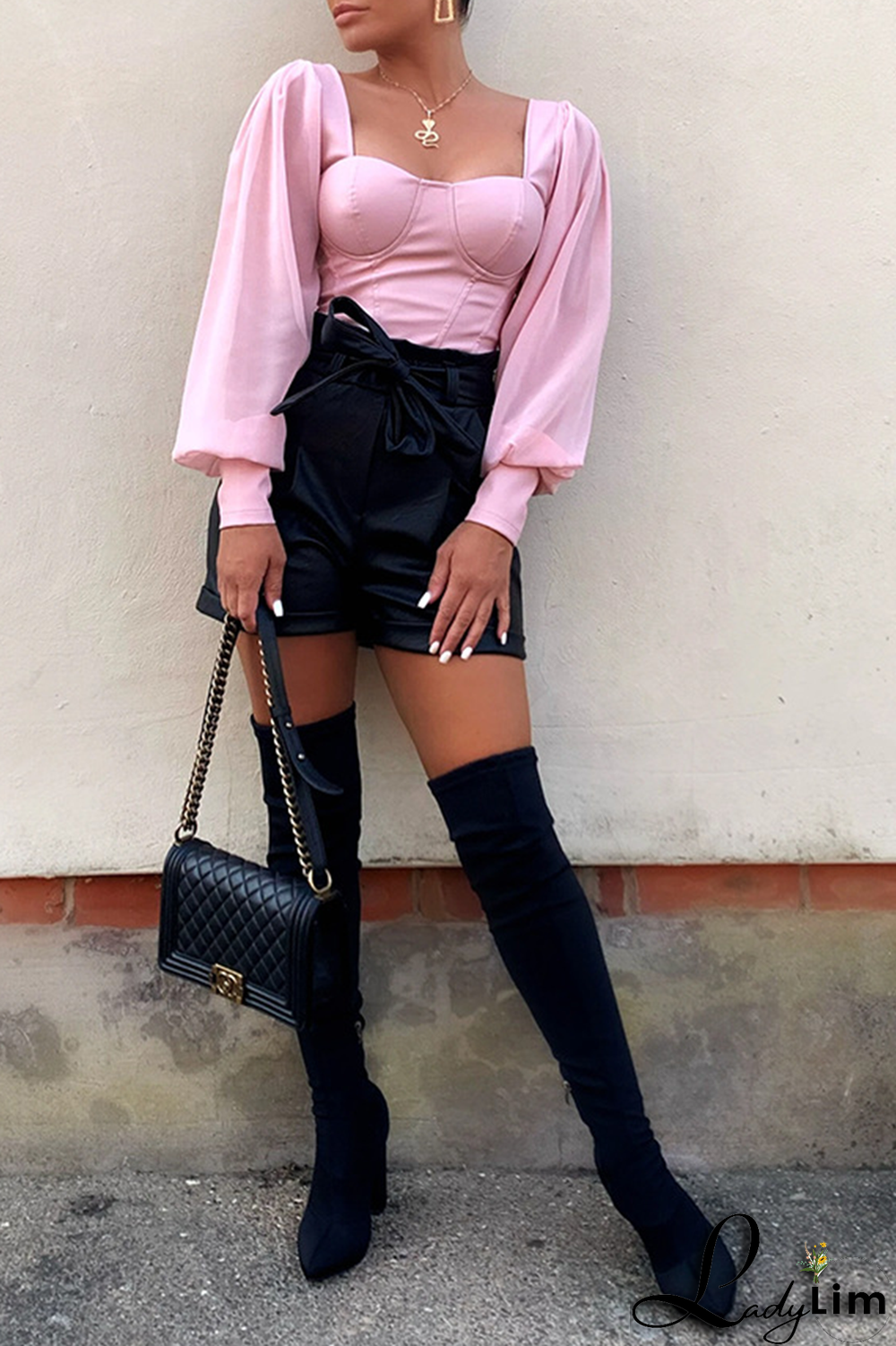 Black Sexy Solid Split Joint Square Collar Tops