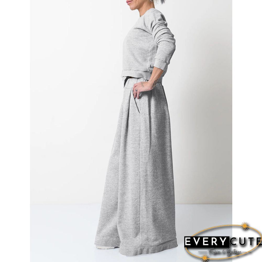Light Gray Irregular Sweatshirt with Wide Leg Casual Pant Set