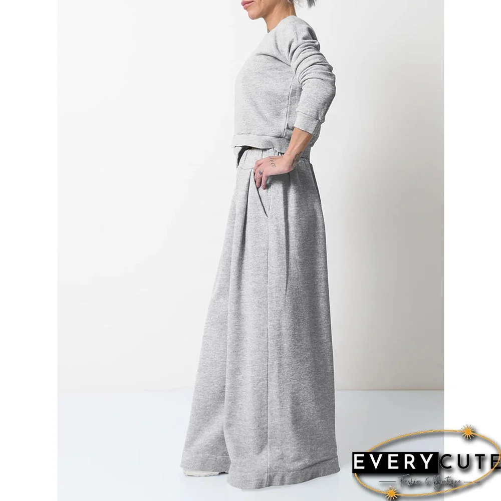 Light Gray Irregular Sweatshirt with Wide Leg Casual Pant Set
