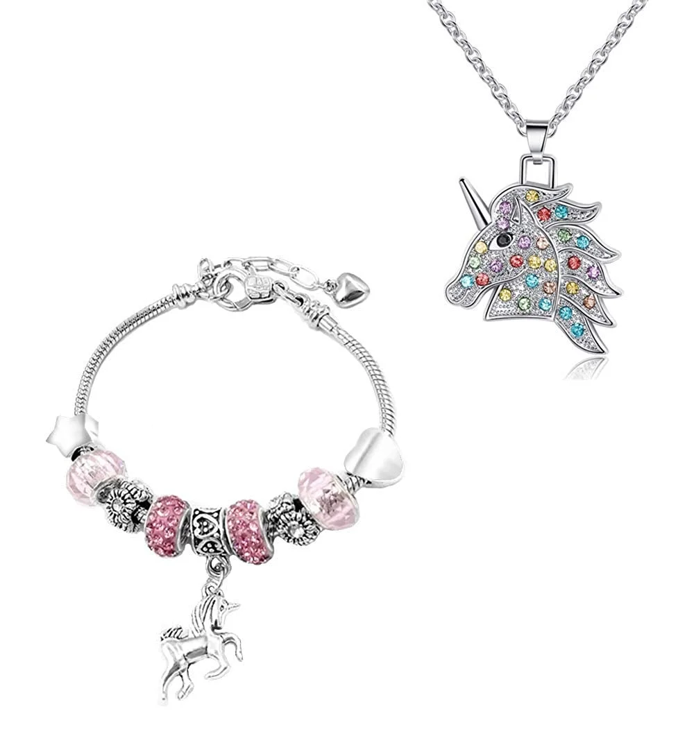 JACKY CHARMING Pink Unicorn Crystal Zircon Necklace and Charm Bracelet Bangle Set for Women Girls Jewlery Birthday Gift