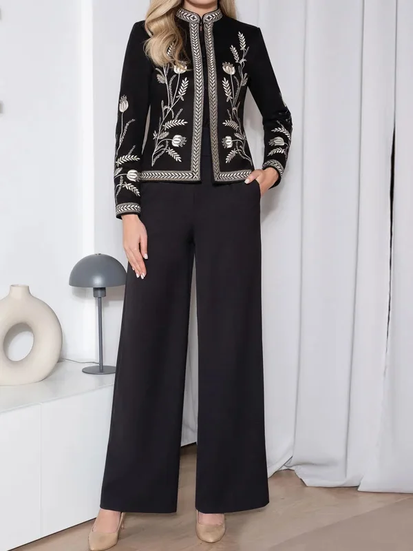 Stand-Up Collar Printed Blouse Coat Wide Leg Pants Suit