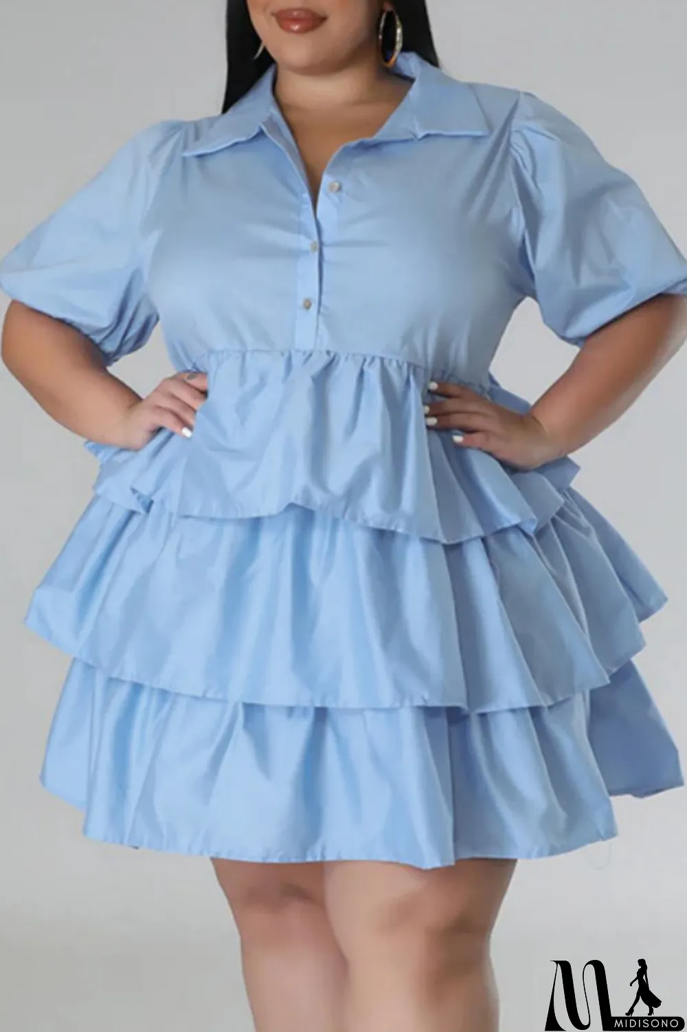 MidiSono - Light Blue Casual Solid Patchwork Turndown Collar Cake Skirt Plus Size Dresses