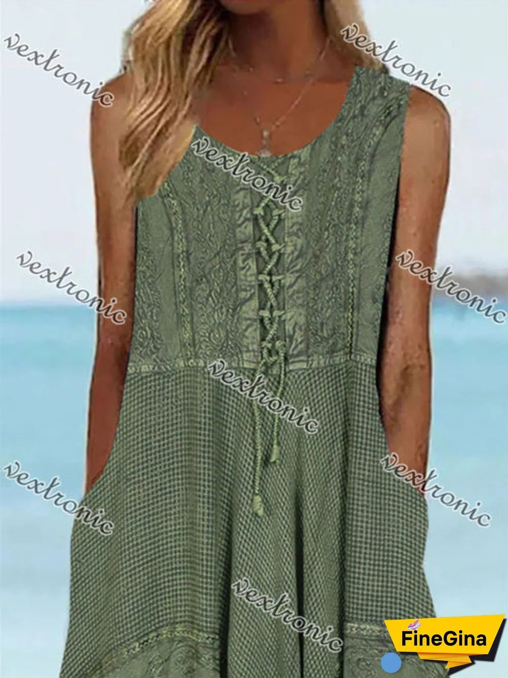 Women's Sleeveless Scoop Neck Pockets Graphic Printed Midi Dress