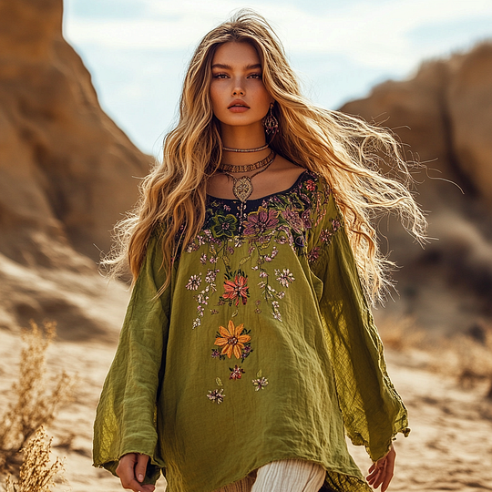 Utbros Retro Holiday Bohemian Art Holiday Print Cotton And Linen Blend Loose Blouse
