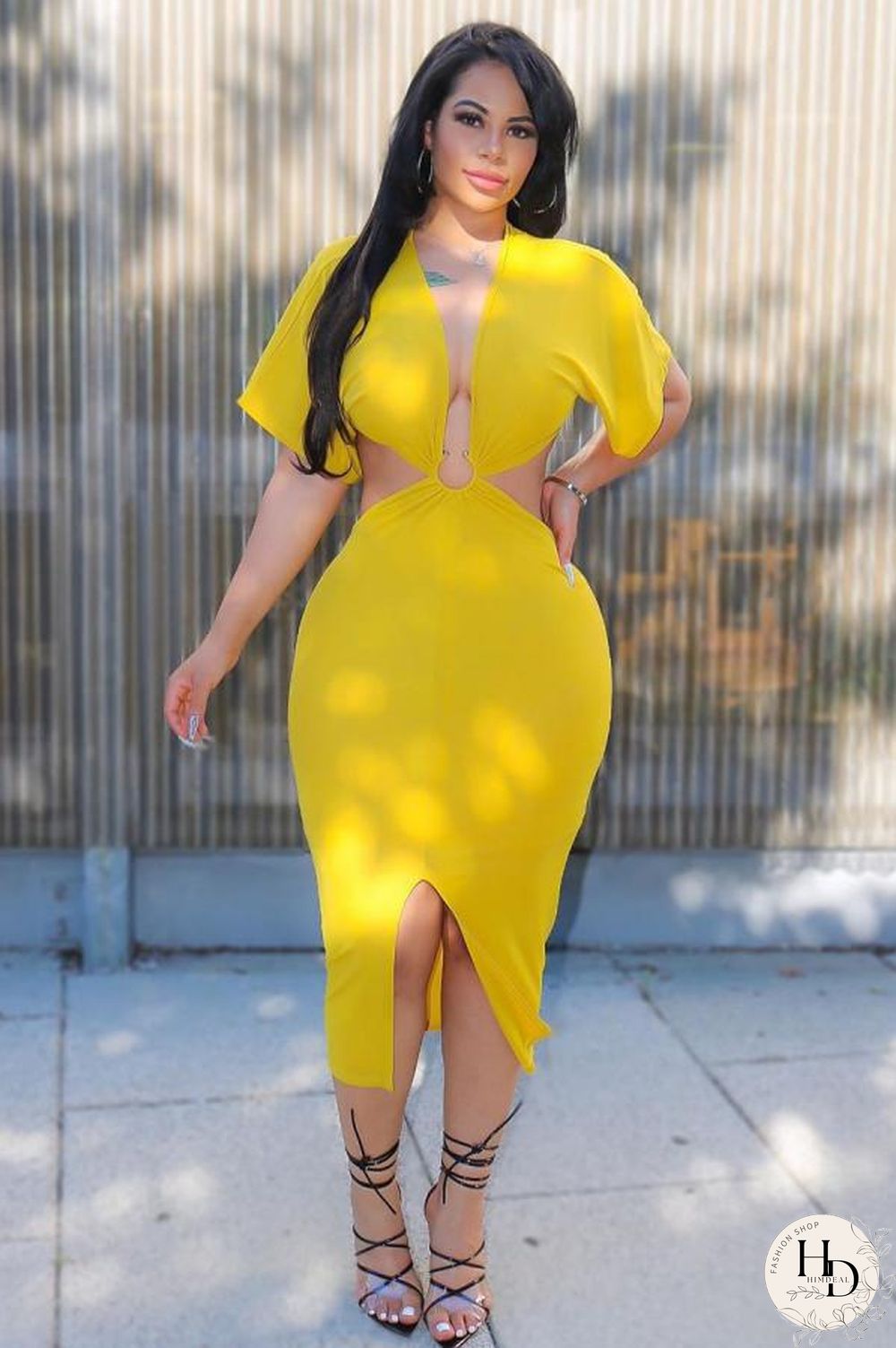 Black Polyester Sexy Bat sleeve Short Sleeves V Neck Asymmetrical Mid-Calf Solid Club Dresses