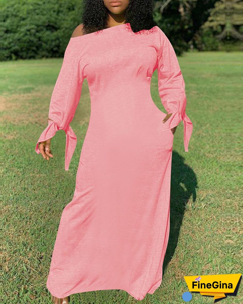 Plain Tie Detail Pocket Design Maxi Dress P14036