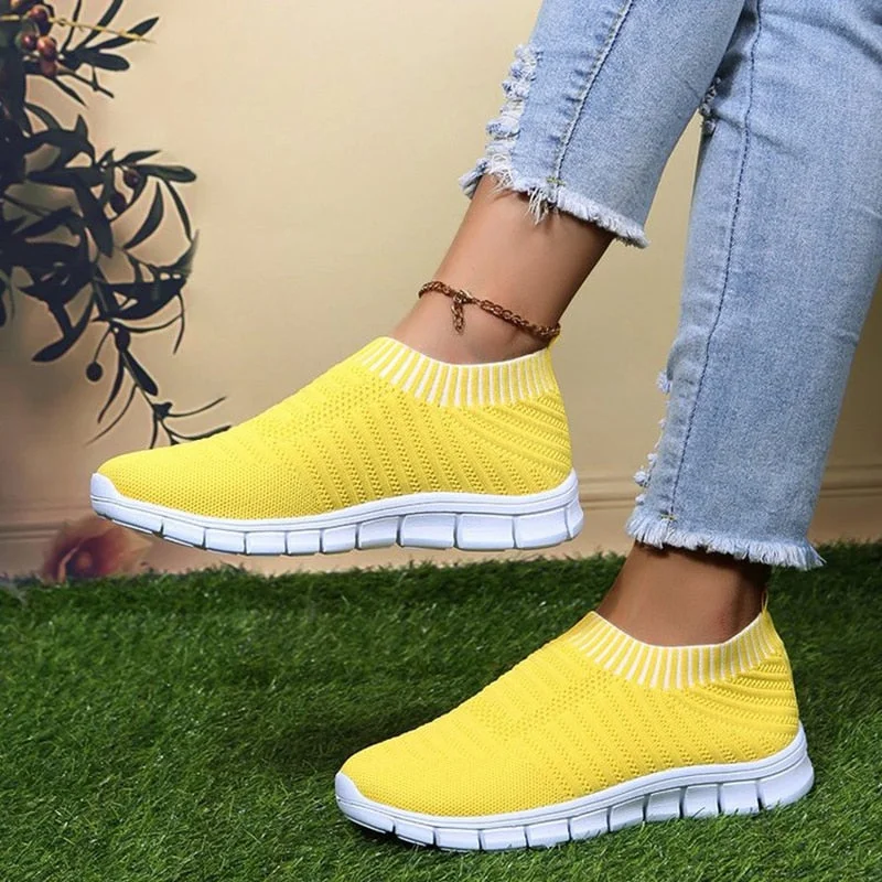 Yellow Stripe Knitted Socks Sneakers Women Spring Summer Slip On Flat Shoes Woman Plus Size Breathable Mesh Running Shoes