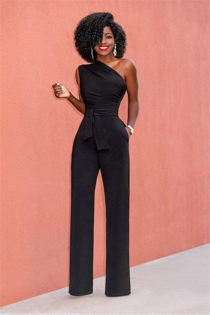 Lvs&Broner Solid Black One Shoulder Sleeveless Strapless High Waist Long Wid-Leg Jumpsuit