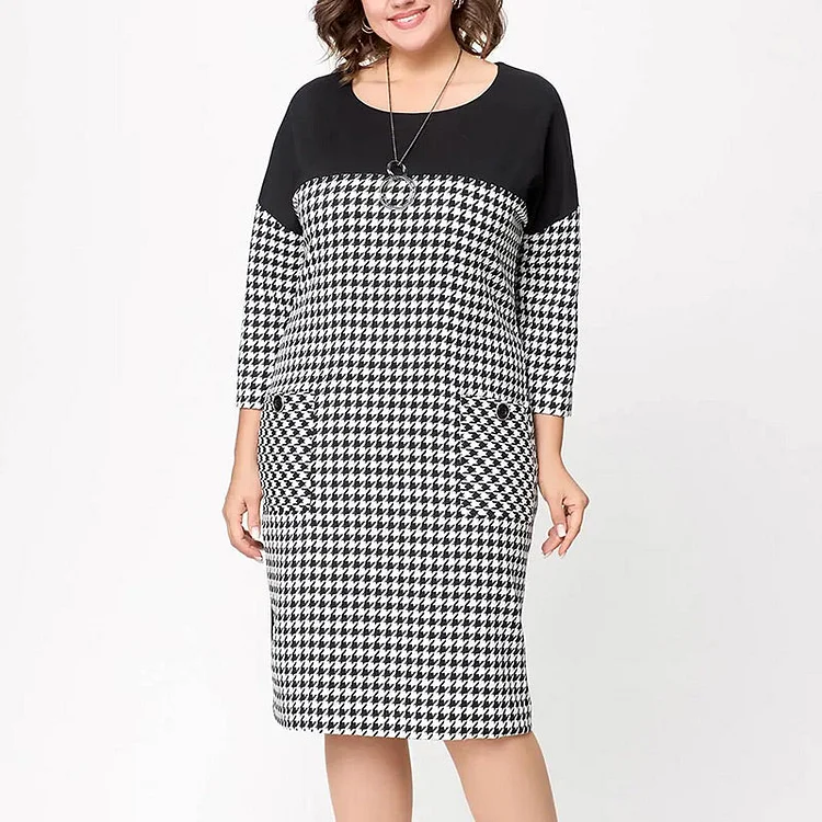 💖Women's Long Sleeve Houndstooth Patchwork Dress
