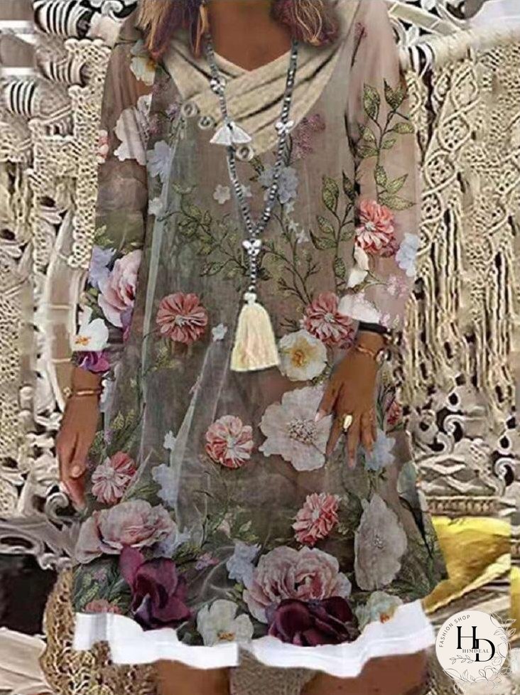 Dresses Pile Collar Printed Long Sleeve Dress for Women