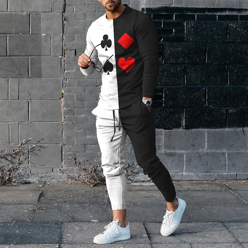 Men's Playing Cards Color Blocking Long Sleeve T-Shirt And Pants Two-Piece Set