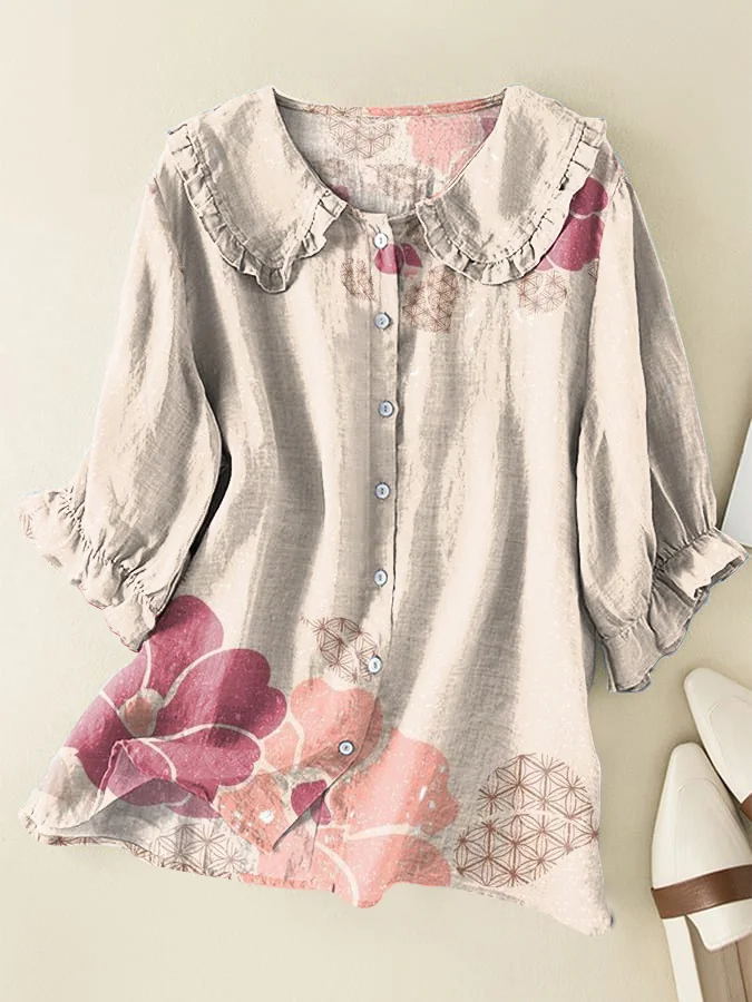 Japanese Floral Cotton and Linen Peter Pan Ruffle Collar Shirt