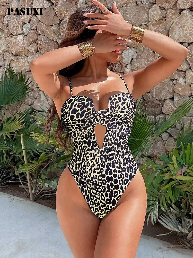 PASUXI Women's High Slit One-Piece Swimsuit - Sexy Hollow Leopard Print