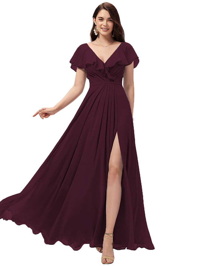Chiffon Ruffles Slit Bridesmaid Dress